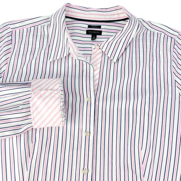 Talbots The Perfect Shirt 16 Women's PINK BLUE Stripe NON IRON Button Flip Cuff - Picture 1 of 10